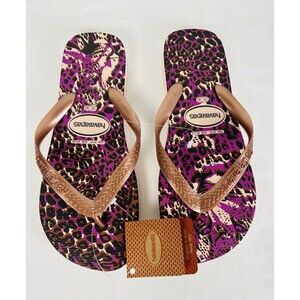 Havaianas Womens 9/10 Slim Animals Flip Flop Purple Pink Leopard Print Rose Gold